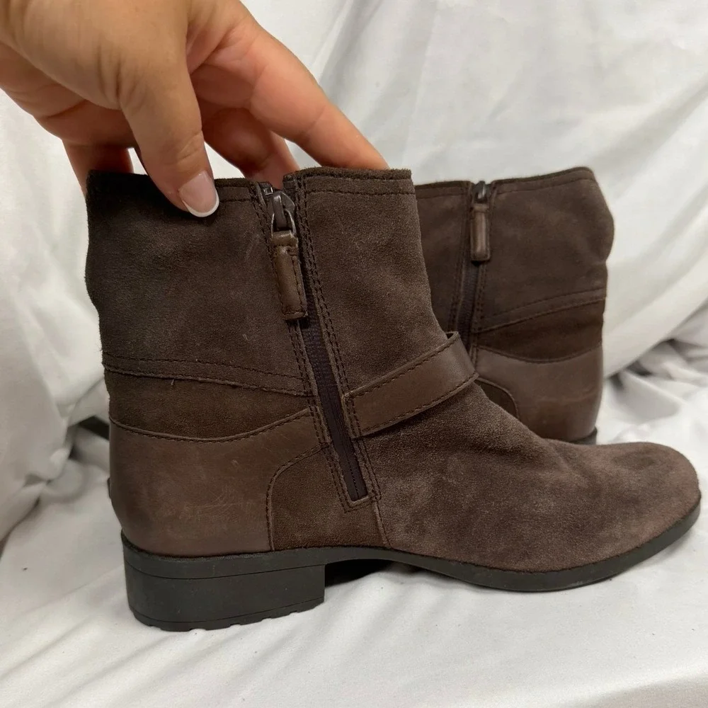 Cole Haan Women's 10B Waterproof Brown Suede Leather Chunky Buckle Booties